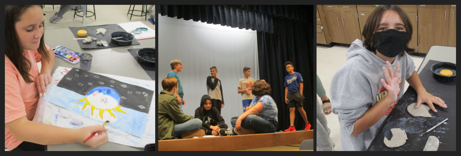 Images include a student working on an art project, a group in threatre performing, and a student working on clay.